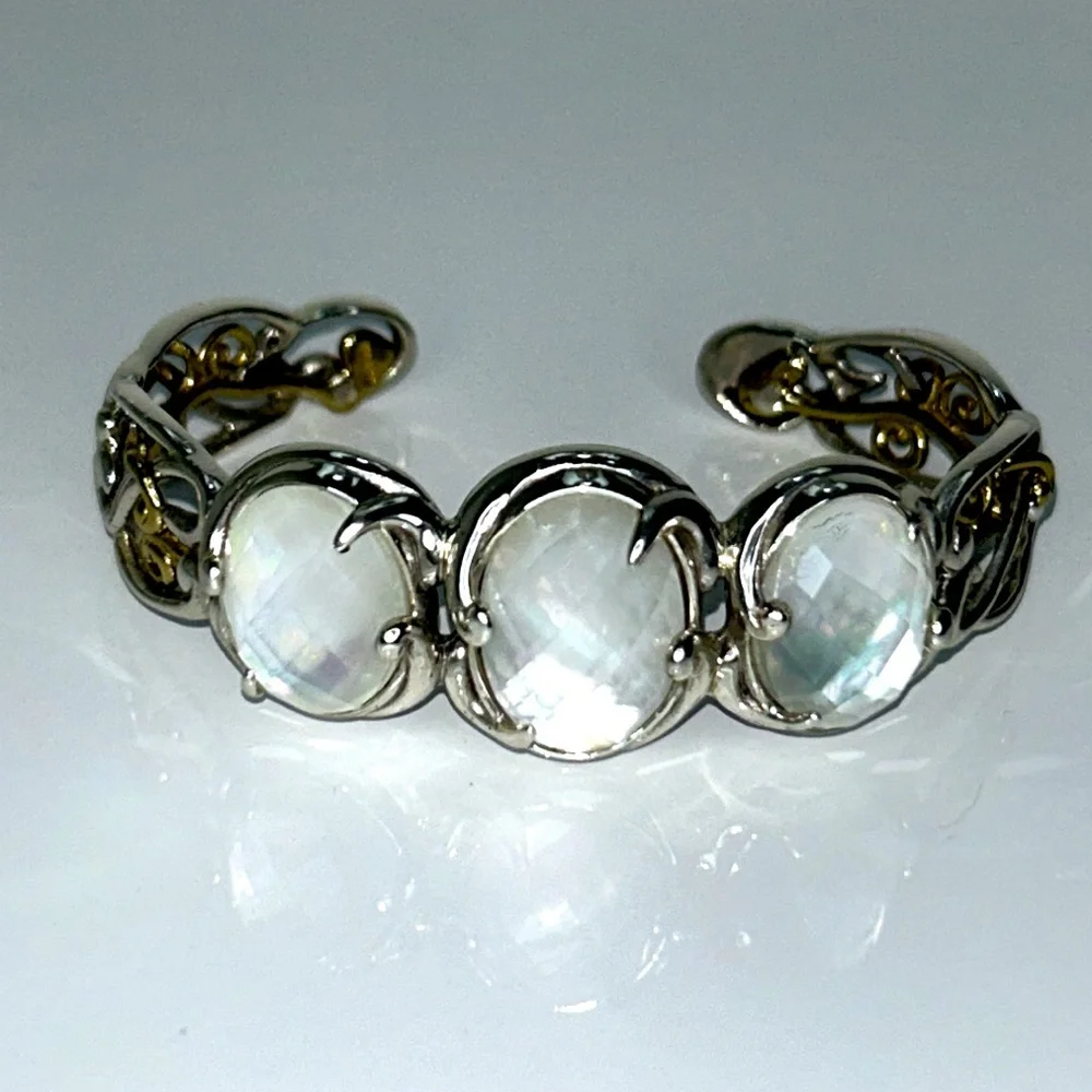Carolyn Pollack Designer Sterling Silver Brass MOP Cuff Bracelet Boho Casual